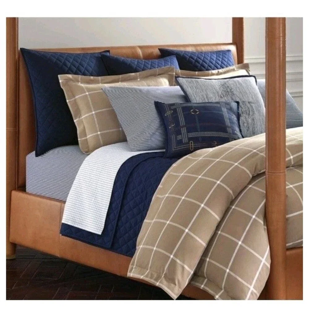 Ralph Lauren Full Queen Modern Equestrian Windowpane Duvet Cover Camel $500 NWT